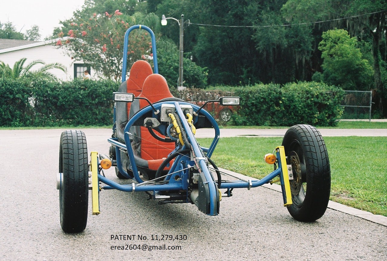 Photo of Complete Trike with Patent Number 11,279,430 & contact email info@tampatrike.com