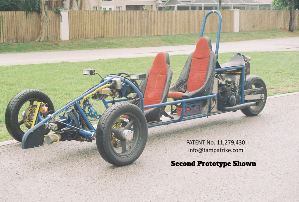 Second Prototype Photo of Complete Custom Trike with Patent Number 11,279,430 & contact email info@tampatrike.com