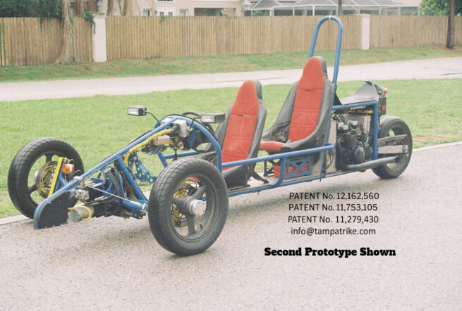 Two Seater Photo of Complete Trike Motorcycle with Patent Number 11,279,430 US 11,753,105 & US 12,162,560 & contact email info@tampatrike.com