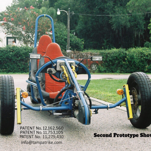 Photo of Complete Trike with Patent Number 11,279,430 US 11,753,105 & US 12,162,560 & contact email info@tampatrike.com