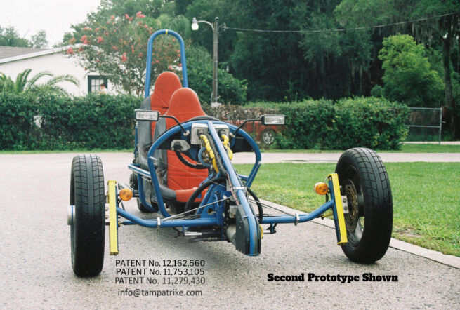 Photo of Complete Trike with Patent Number 11,279,430 US 11,753,105 & US 12,162,560 & contact email info@tampatrike.com